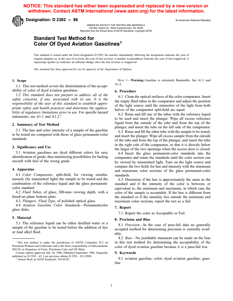 ASTM D2392-96 - Standard Test Method for Color Of Dyed Aviation Gasolines