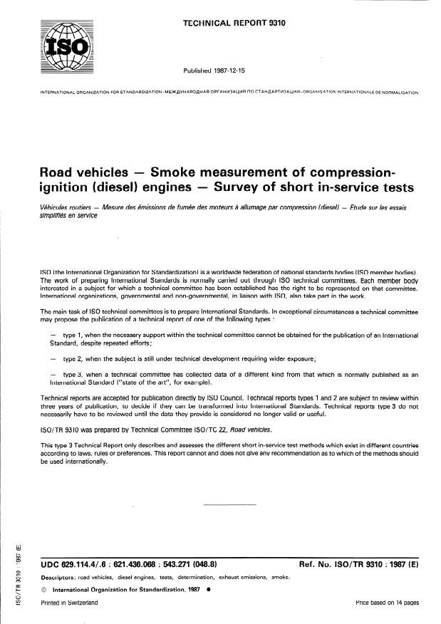 ISO/TR 9310:1987 - Road vehicles -- Smoke measurement of compression-ignition (diesel) engines -- Survey of short in-service tests