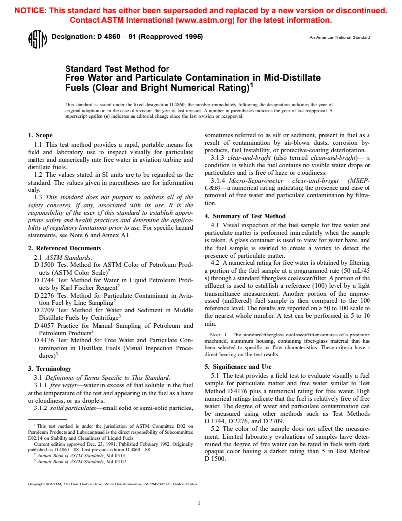 ASTM D4860-91(1995) - Standard Test Method for Free Water and Particulate Contamination in Mid-Distillate Fuels (Clear and Bright Numerical Rating)