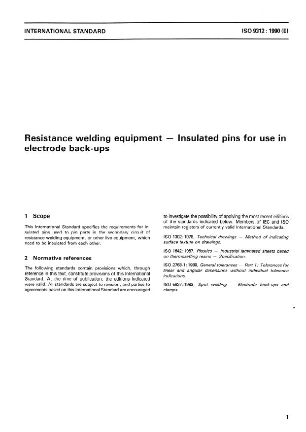ISO 9312:1990 - Resistance welding equipment -- Insulated pins for use in electrode back-ups