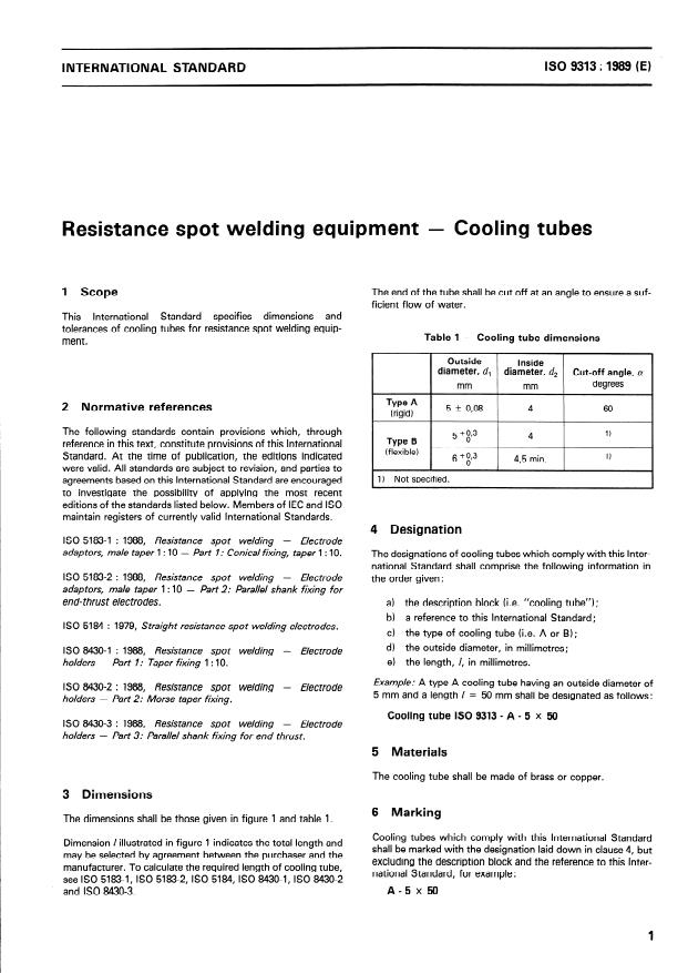 ISO 9313:1989 - Resistance spot welding equipment -- Cooling tubes