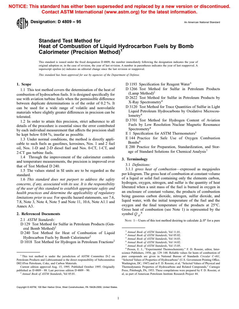 ASTM D4809-95 - Standard Test Method for Heat of Combustion of Liquid Hydrocarbon Fuels by Bomb Calorimeter (Precision Method)