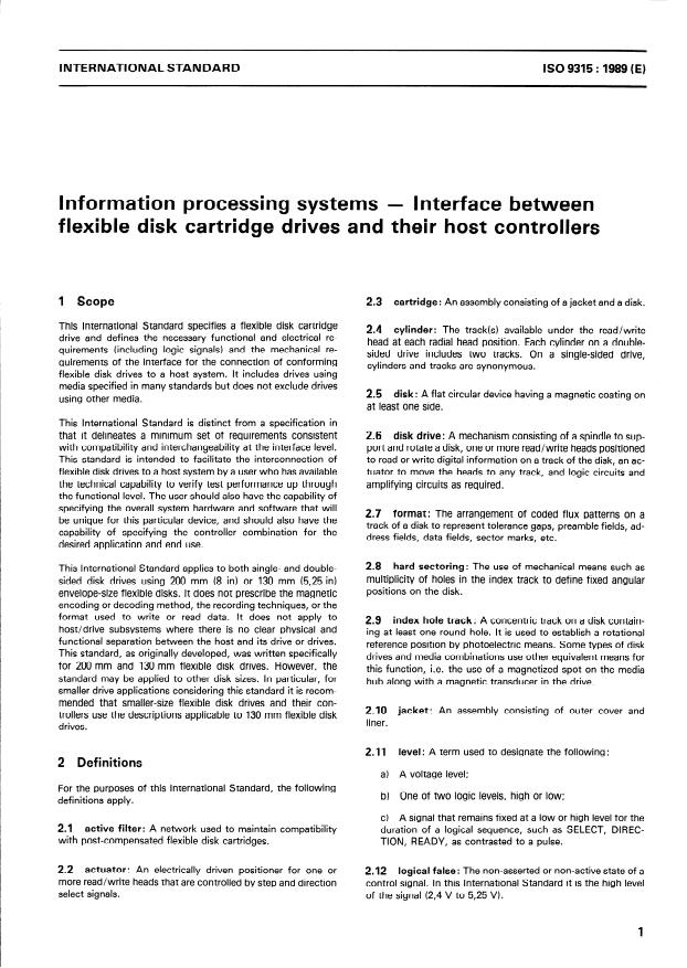 ISO 9315:1989 - Information processing systems -- Interface between flexible disk cartridge drives and their host controllers