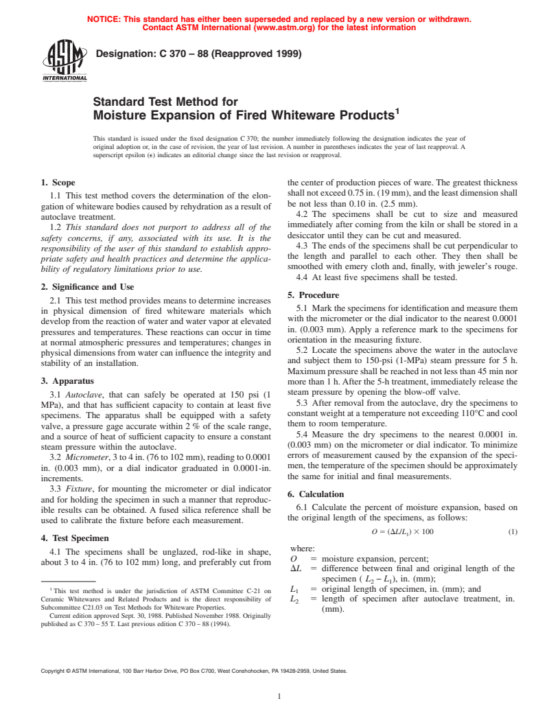 ASTM C370-88(1999) - Standard Test Method for Moisture Expansion of Fired Whiteware Products