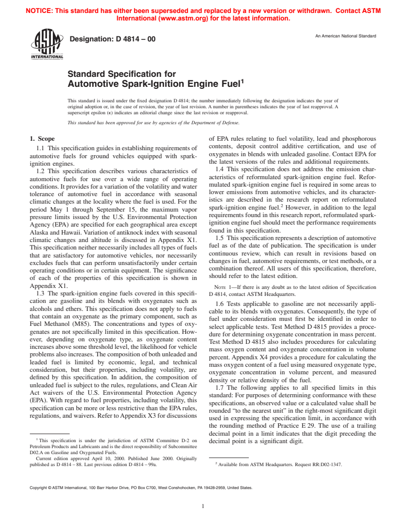 ASTM D4814-00 - Standard Specification for Automotive Spark-Ignition Engine Fuel
