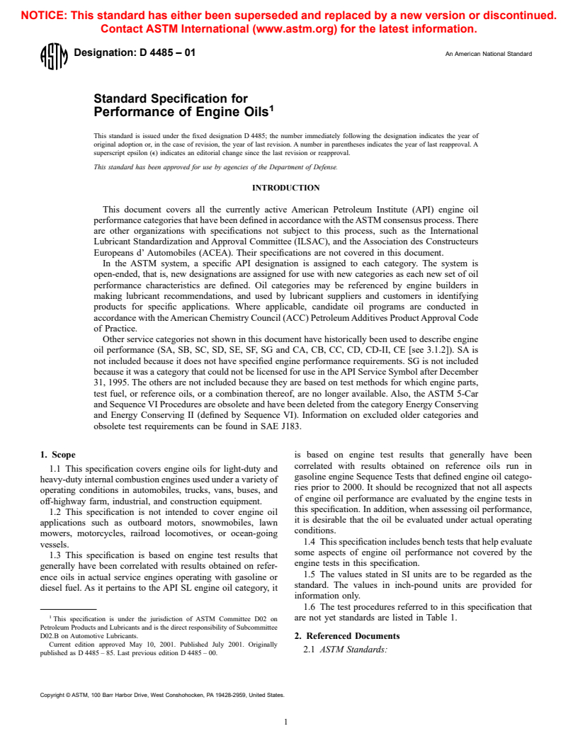 ASTM D4485-01 - Standard Specification for Performance of Engine Oils