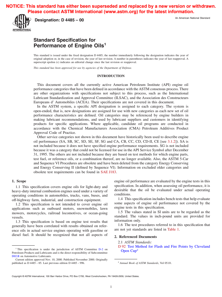 ASTM D4485-00 - Standard Specification for Performance of Engine Oils