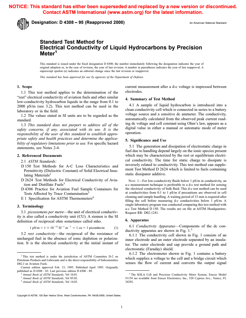 ASTM D4308-95(2000) - Standard Test Method for Electrical Conductivity of Liquid Hydrocarbons by Precision Meter