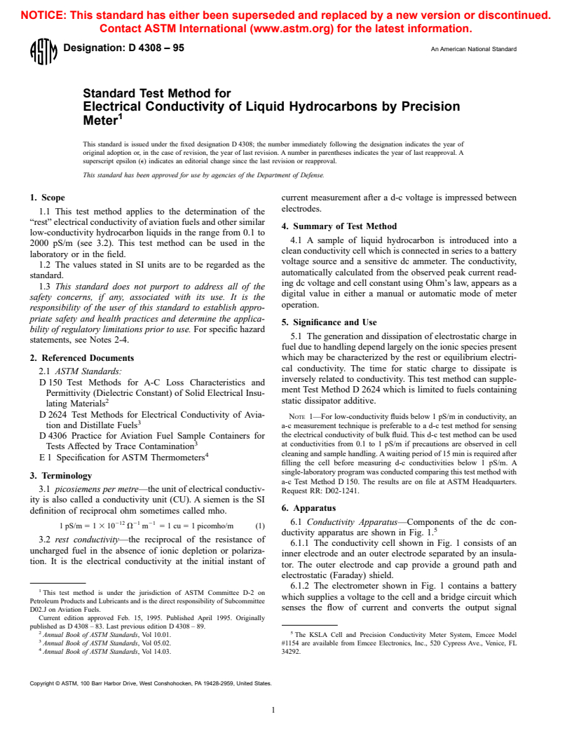 ASTM D4308-95 - Standard Test Method for Electrical Conductivity of Liquid Hydrocarbons by Precision Meter