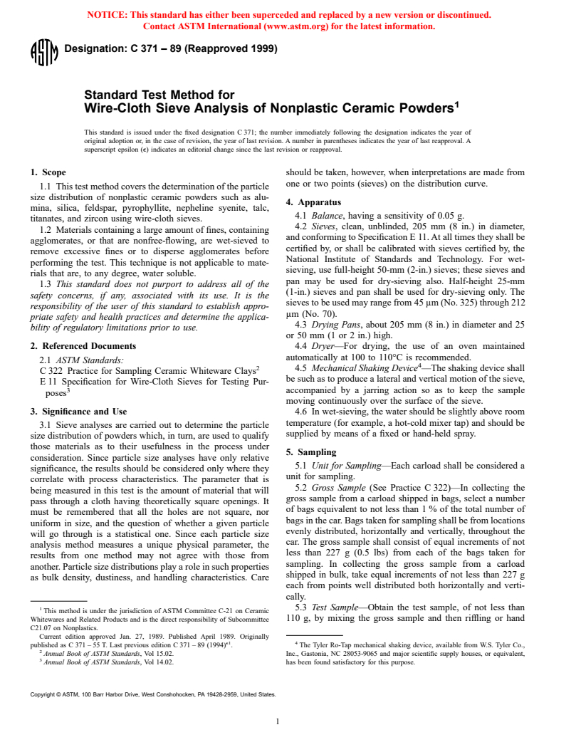 ASTM C371-89(1999) - Standard Test Method for Wire-Cloth Sieve Analysis of Nonplastic Ceramic Powders