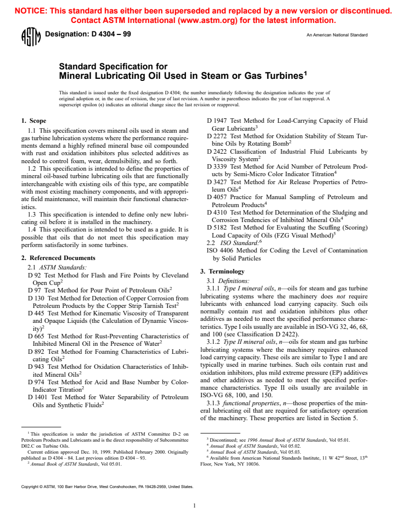 ASTM D4304-99 - Standard Specification for Mineral Lubricating Oil Used in Steam or Gas Turbines