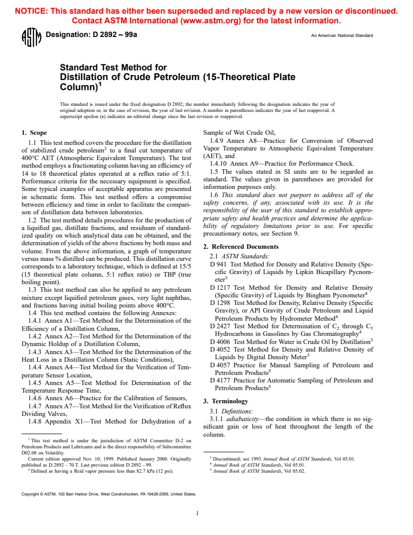 ASTM D2892-99a - Standard Test Method for Distillation of Crude Petroleum (15-Theoretical Plate Column)