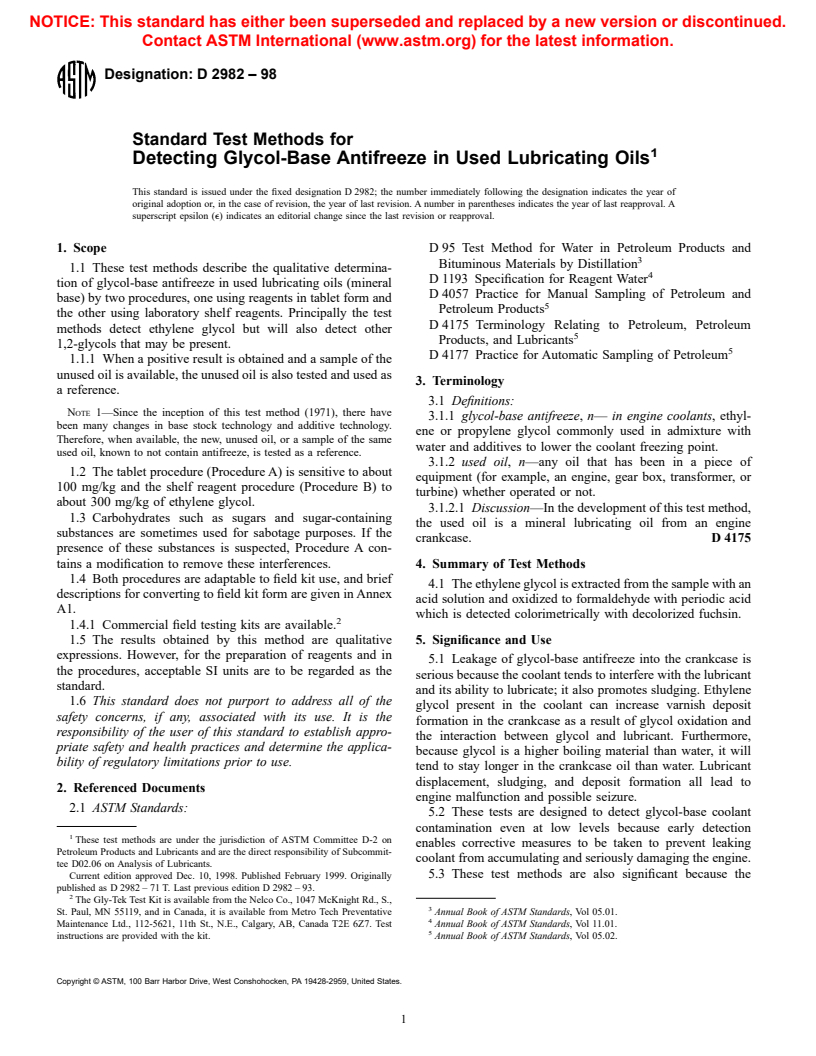 ASTM D2982-98 - Standard Test Methods for Detecting Glycol-Base Antifreeze in Used Lubricating Oils