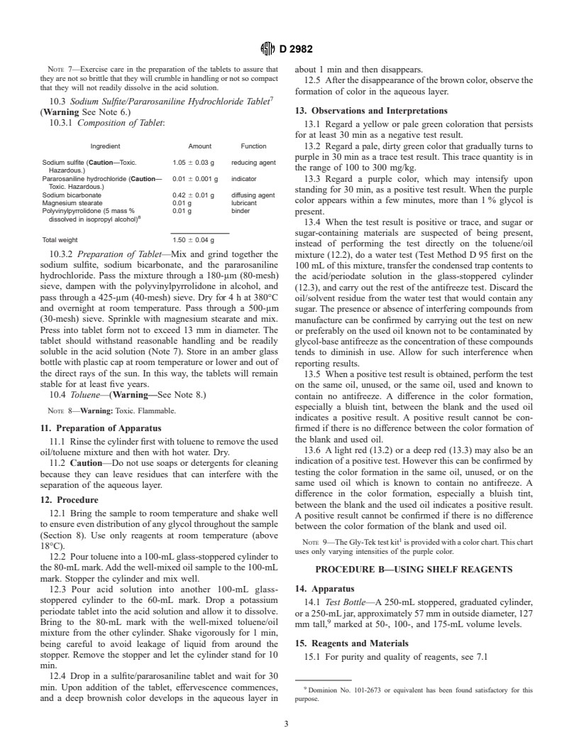 ASTM D2982-98 - Standard Test Methods for Detecting Glycol-Base Antifreeze in Used Lubricating Oils