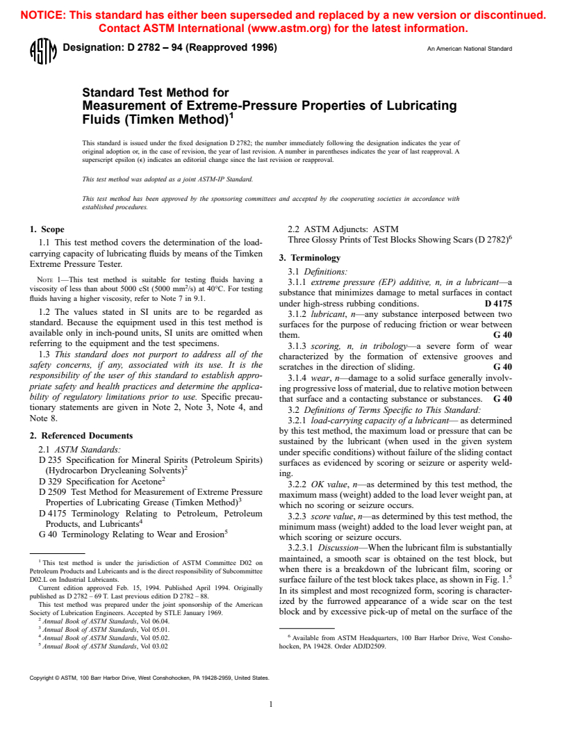 ASTM D2782-94(1996) - Standard Test Method for Measurement of Extreme-Pressure Properties of Lubricating Fluids (Timken Method)