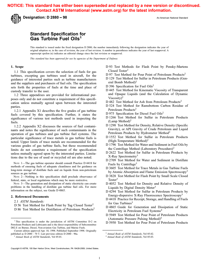 ASTM D2880-98 - Standard Specification for Gas Turbine Fuel Oils