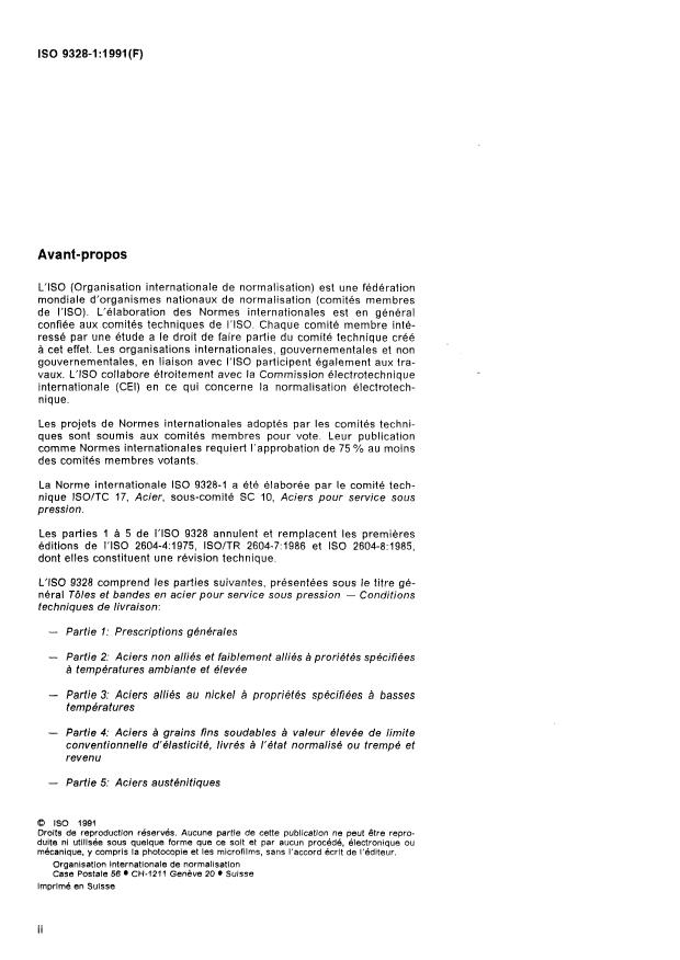 ISO 9328-1:1991 ISO 9328-1:1991 - Tôles et bandes en acier pour service sous pression -- Conditions techniques de livraison - Page 2 preview