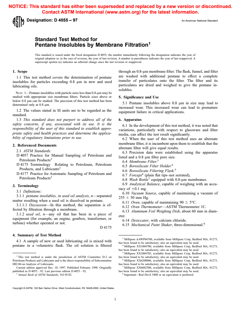 ASTM D4055-97 - Standard Test Method for Pentane Insolubles by Membrane Filtration