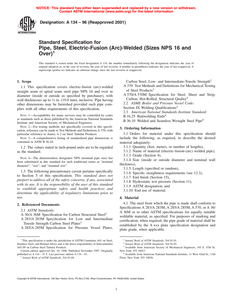 ASTM A134-96(2001) - Standard Specification for Pipe, Steel, Electric-Fusion (Arc)-Welded (Sizes NPS 16 and Over)