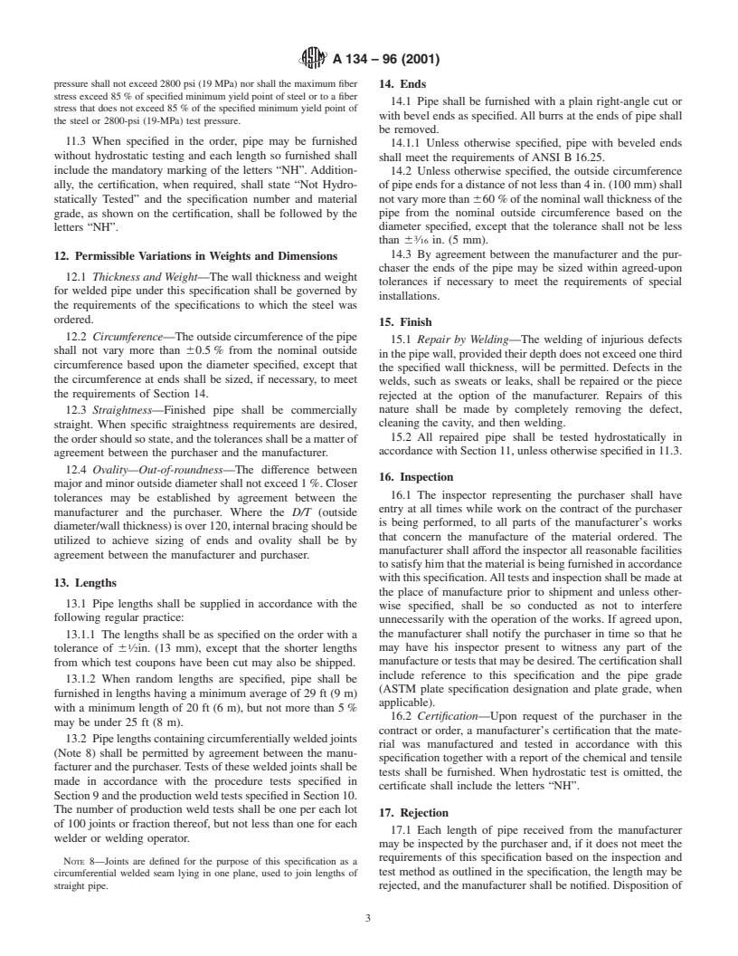 ASTM A134-96(2001) - Standard Specification for Pipe, Steel, Electric-Fusion (Arc)-Welded (Sizes NPS 16 and Over)