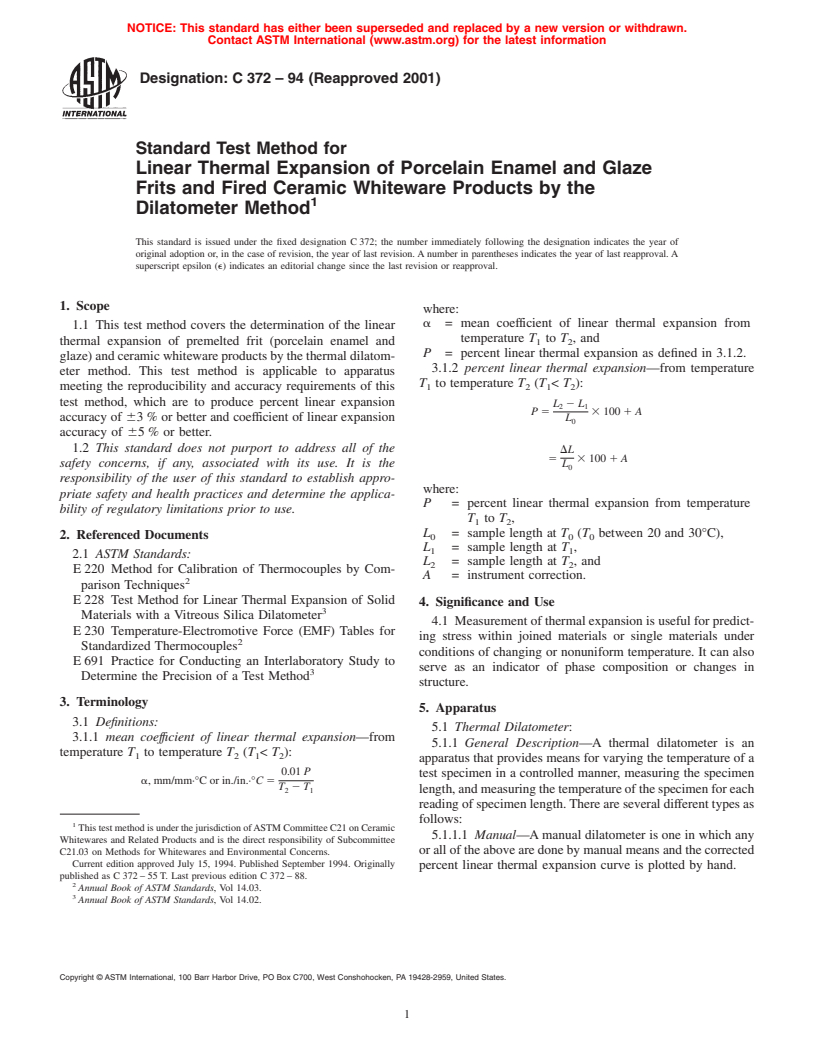 ASTM C372-94(2001) - Standard Test Method for Linear Thermal Expansion of Porcelain Enamel and Glaze Frits and Fired Ceramic Whiteware Products by the Dilatometer Method