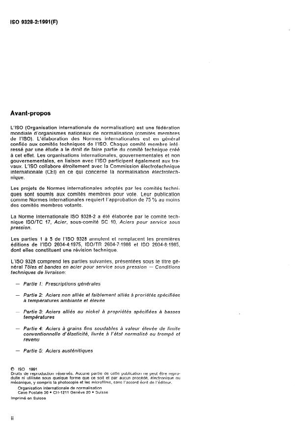 ISO 9328-2:1991 ISO 9328-2:1991 - Tôles et bandes en acier pour service sous pression -- Conditions techniques de livraison - Page 2 preview