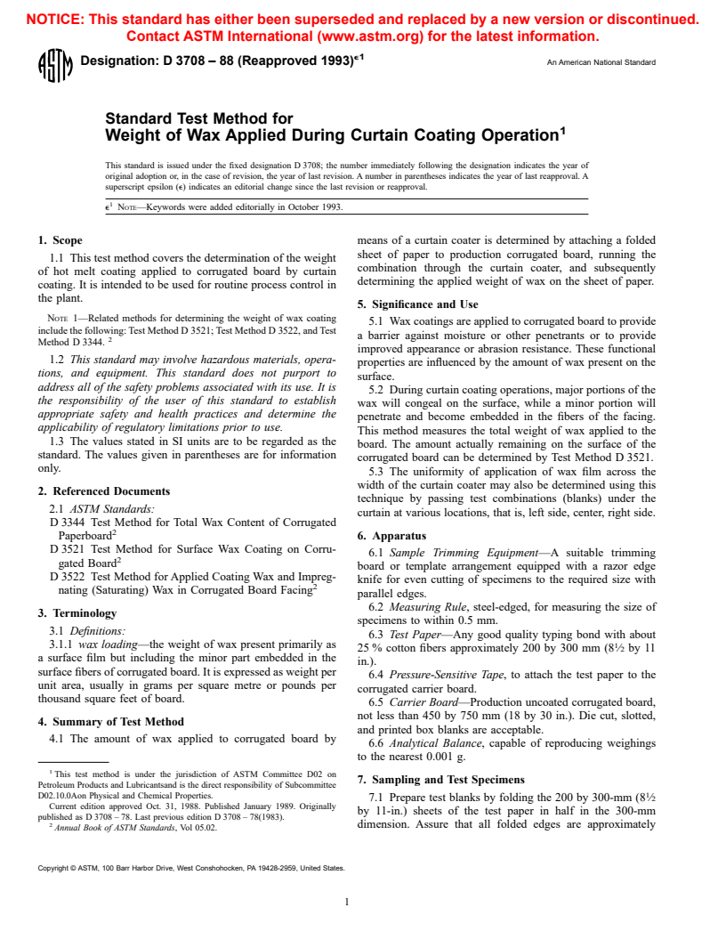 ASTM D3708-88(1993)e1 - Standard Test Method for Weight of Wax Applied During Curtain Coating Operation