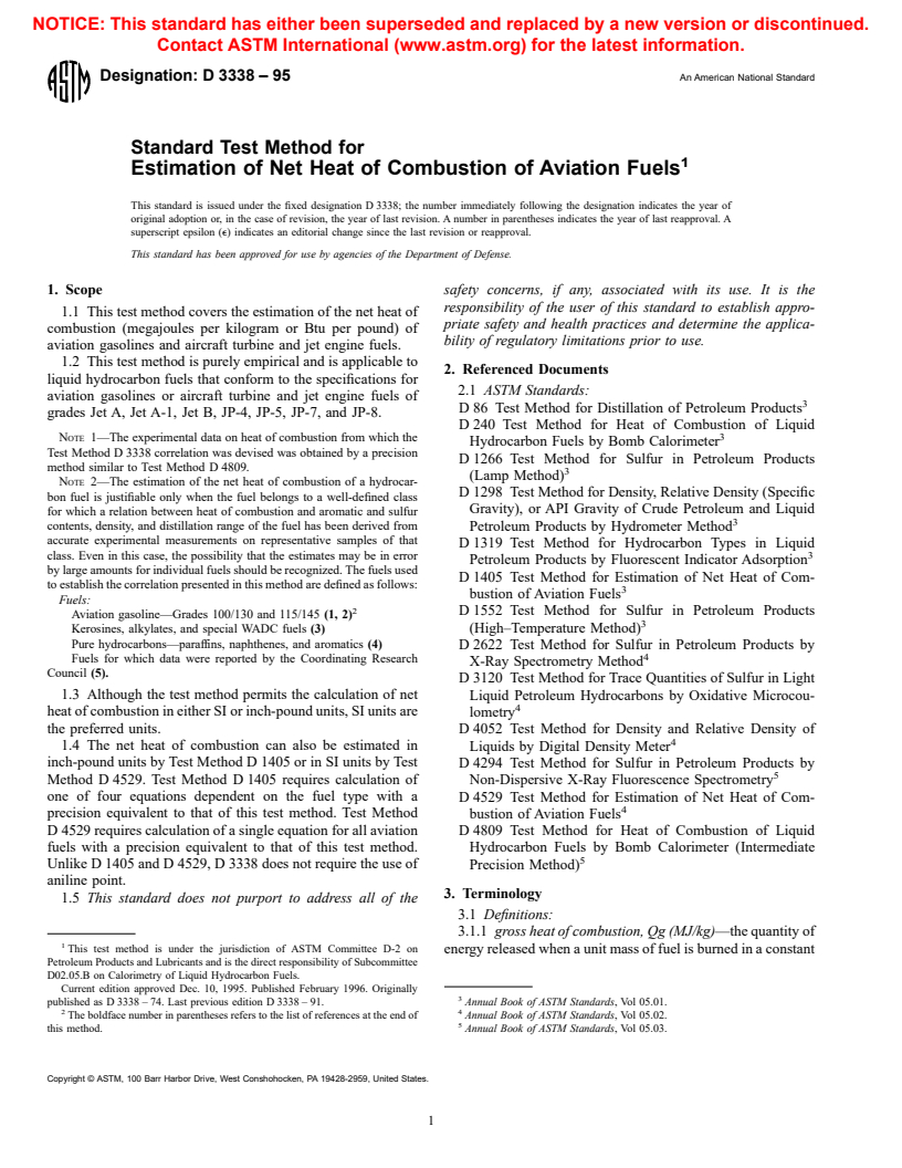 ASTM D3338-95 - Standard Test Method for Estimation of Net Heat of Combustion of Aviation Fuels