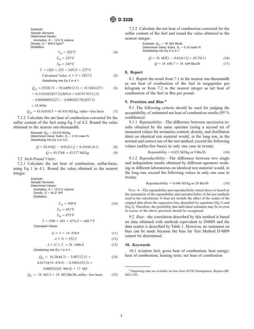 ASTM D3338-95 - Standard Test Method for Estimation of Net Heat of Combustion of Aviation Fuels