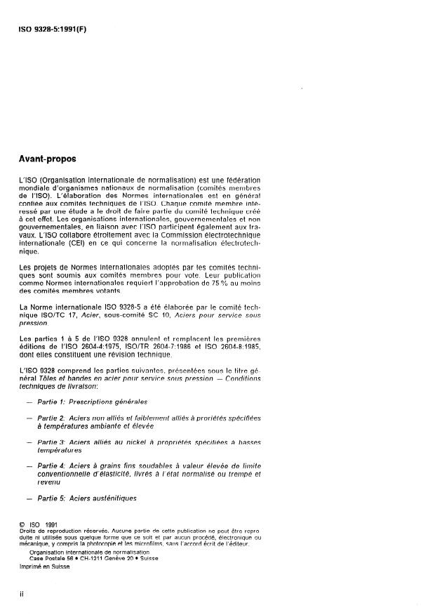 ISO 9328-5:1991 ISO 9328-5:1991 - Tôles et bandes en acier pour service sous pression -- Conditions techniques de livraison - Page 2 preview
