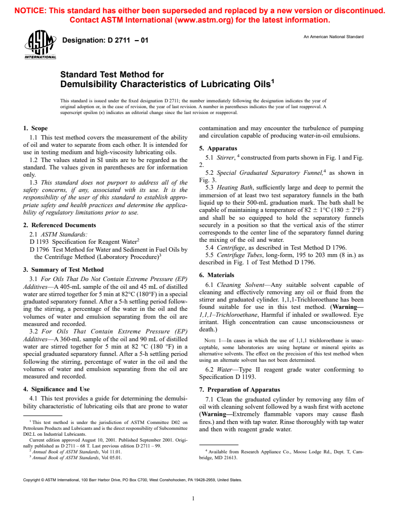 ASTM D2711-01 - Standard Test Method for Demulsibility Characteristics of Lubricating Oils