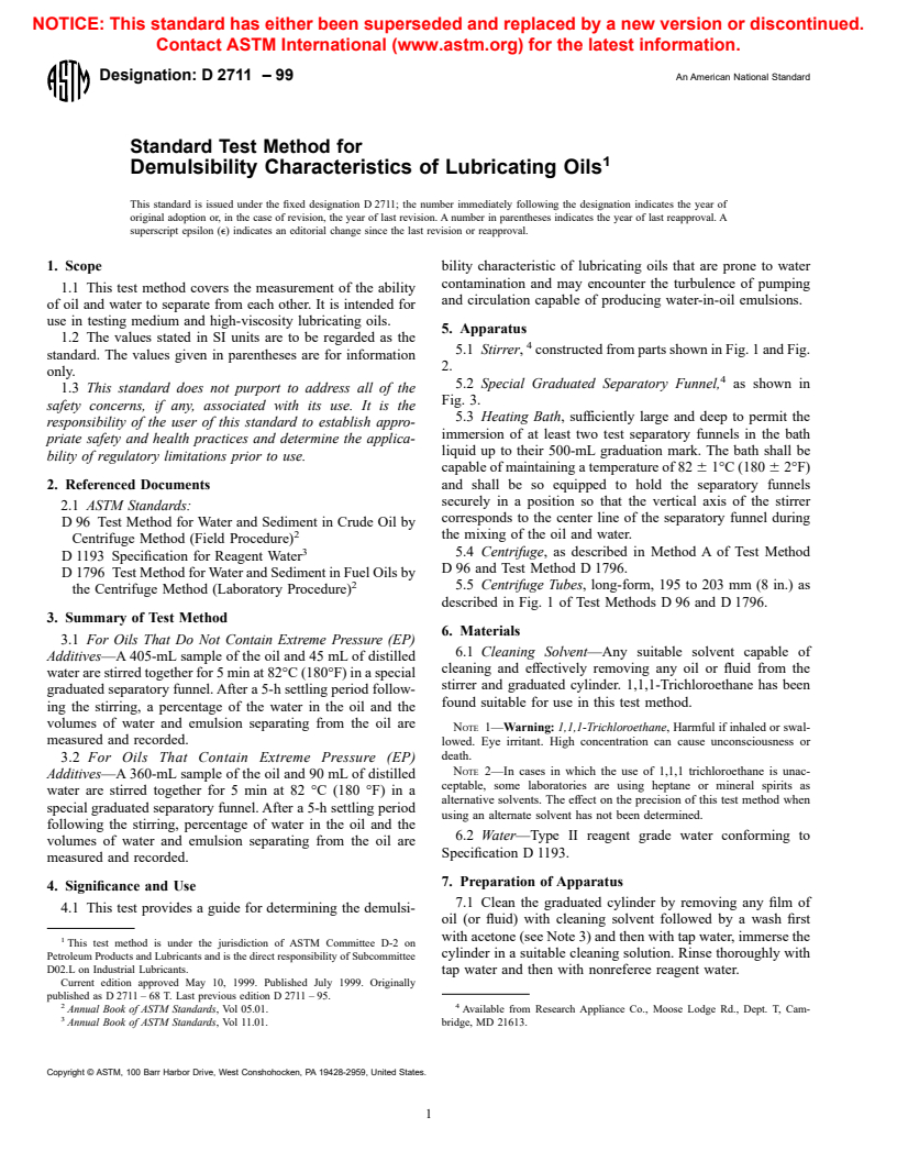 ASTM D2711-99 - Standard Test Method for Demulsibility Characteristics of Lubricating Oils