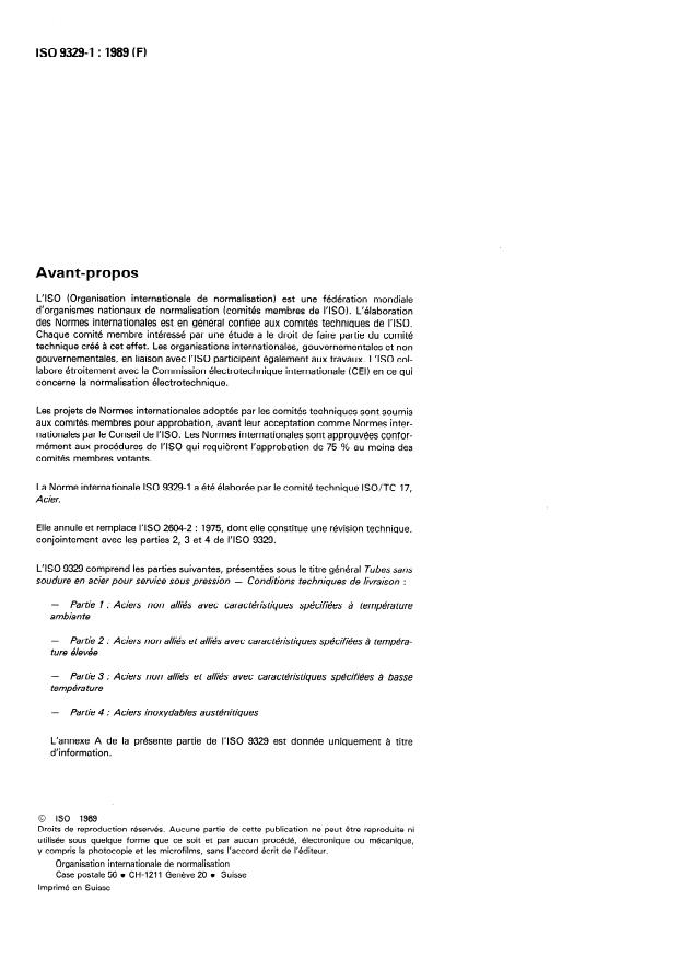ISO 9329-1:1989 ISO 9329-1:1989 - Tubes en acier sans soudure pour service sous pression -- Conditions techniques de livraison - Page 2 preview