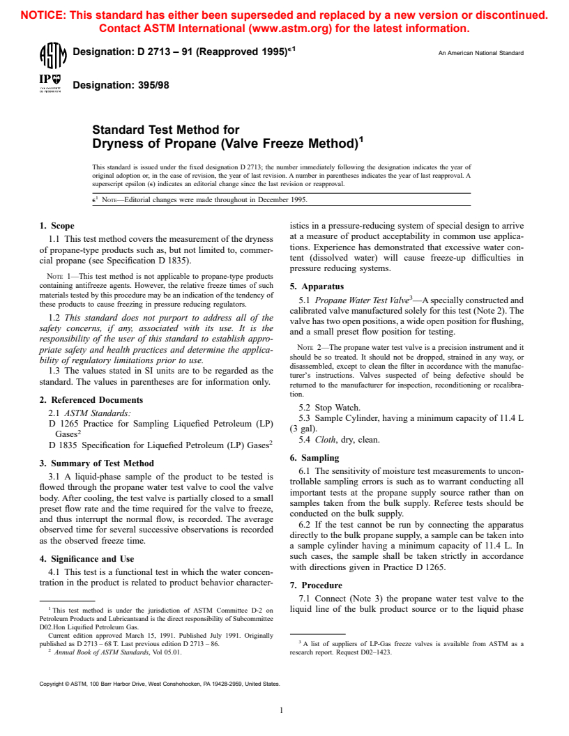 ASTM D2713-91(1995)e1 - Standard Test Method for Dryness of Propane (Valve Freeze Method)