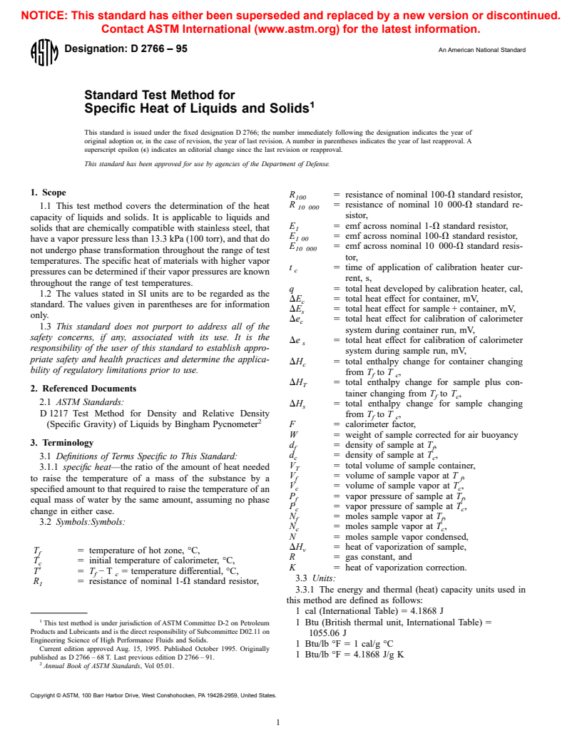 ASTM D2766-95 - Standard Test Method for Specific Heat of Liquids and Solids