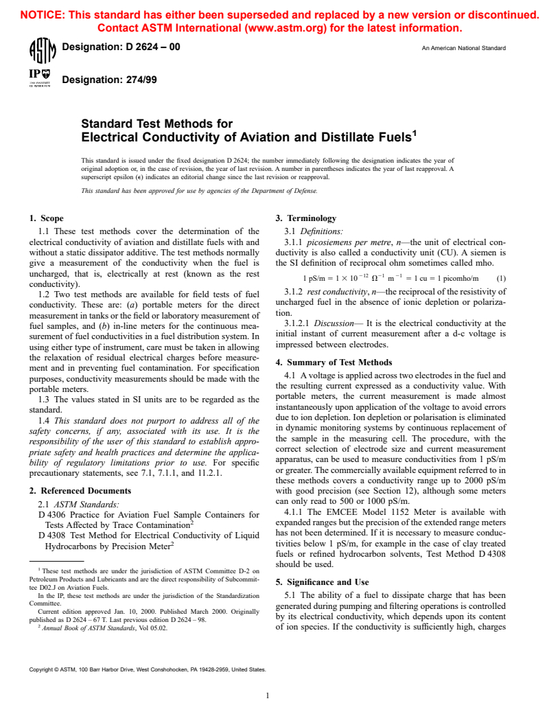 ASTM D2624-00 - Standard Test Methods for Electrical Conductivity of Aviation and Distillate Fuels