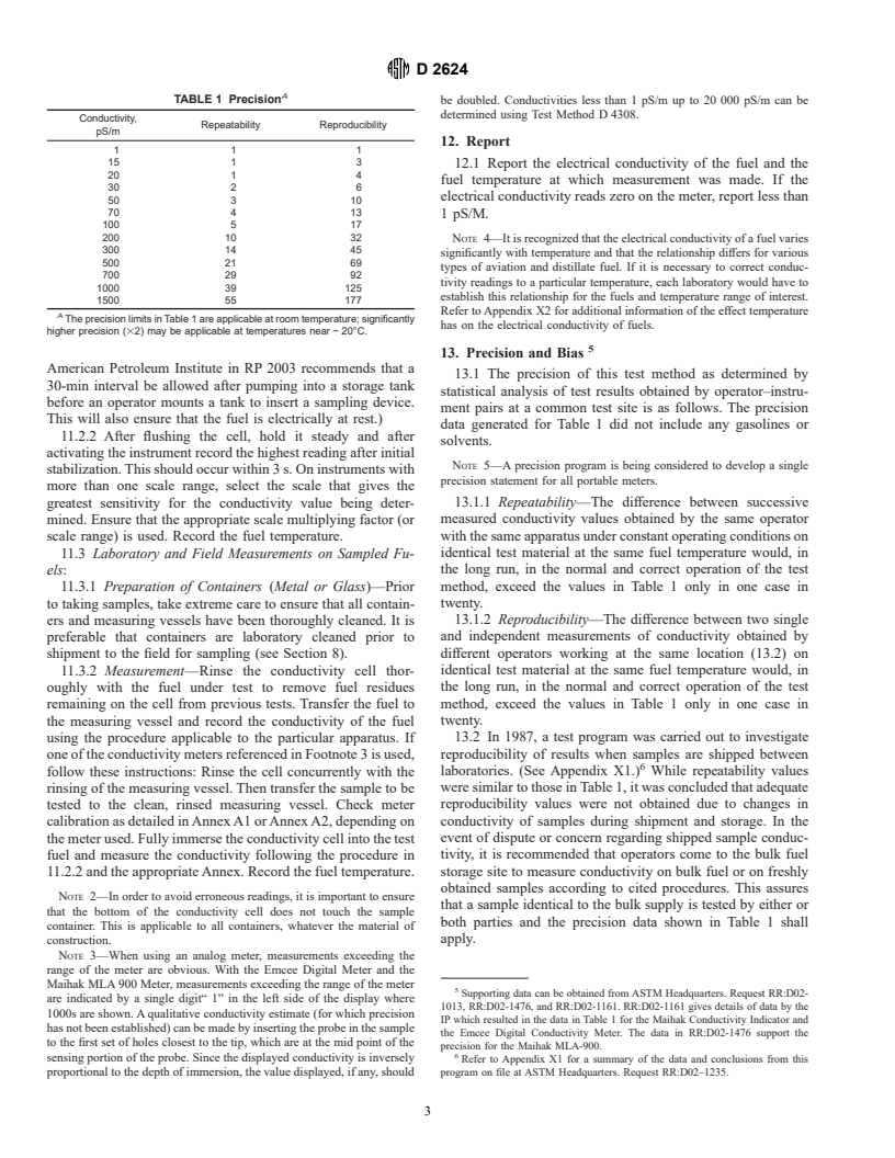 ASTM D2624-00 - Standard Test Methods for Electrical Conductivity of Aviation and Distillate Fuels