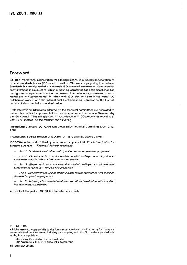 ISO 9330-1:1990 ISO 9330-1:1990 - Welded steel tubes for pressure purposes -- Technical delivery conditions - Page 2 preview
