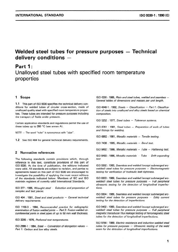ISO 9330-1:1990 - Welded steel tubes for pressure purposes -- Technical delivery conditions