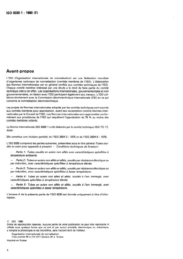 ISO 9330-1:1990 ISO 9330-1:1990 - Tubes soudés en acier pour appareils a pression -- Conditions techniques de livraison - Page 2 preview