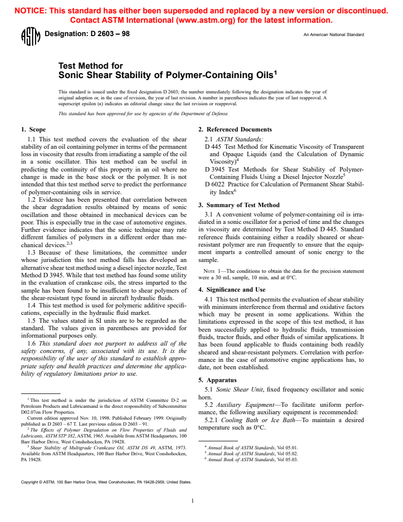 ASTM D2603-98 - Test Method for Sonic Shear Stability of Polymer-Containing Oils