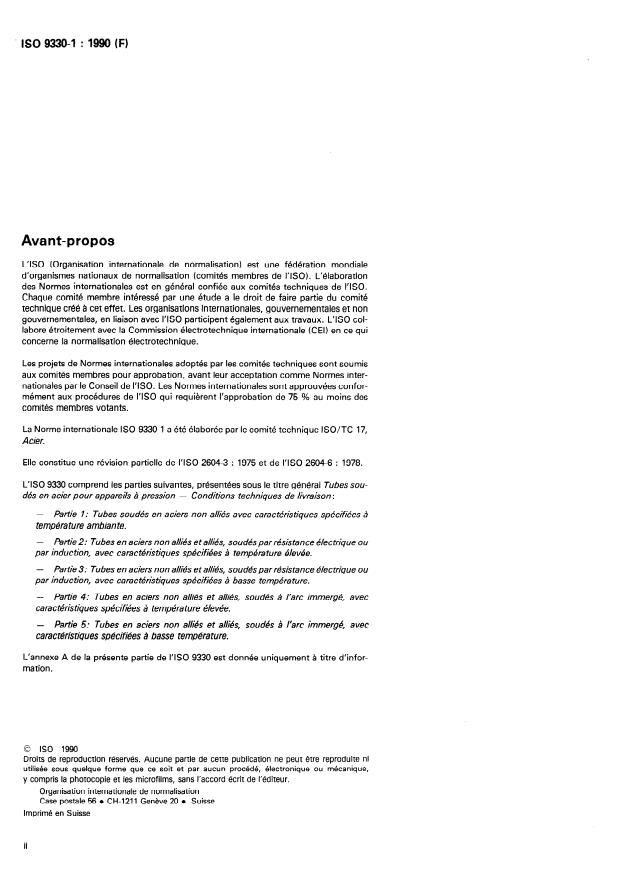 ISO 9330-1:1990 ISO 9330-1:1990 - Tubes soudés en acier pour appareils a pression -- Conditions techniques de livraison - Page 2 preview