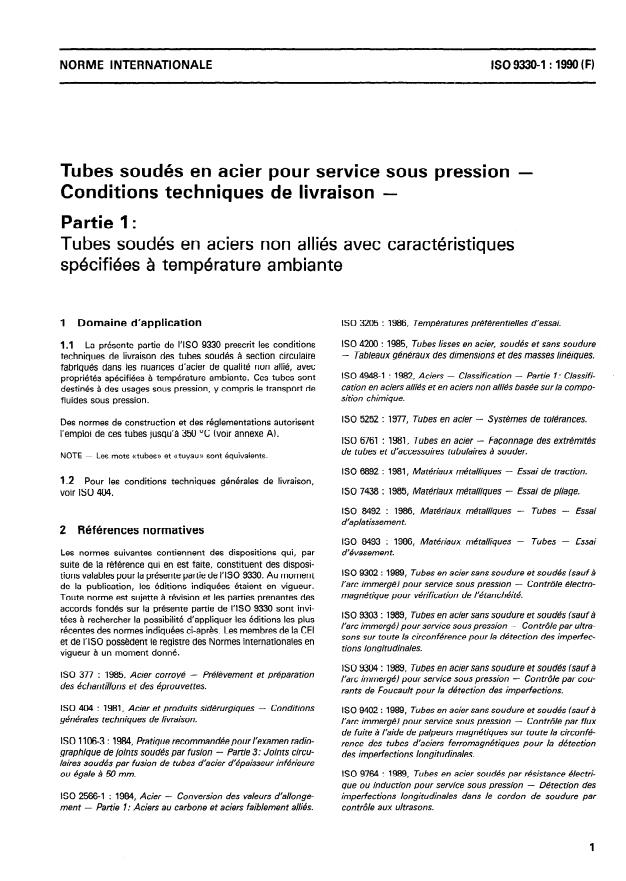 ISO 9330-1:1990 - Tubes soudés en acier pour appareils a pression -- Conditions techniques de livraison