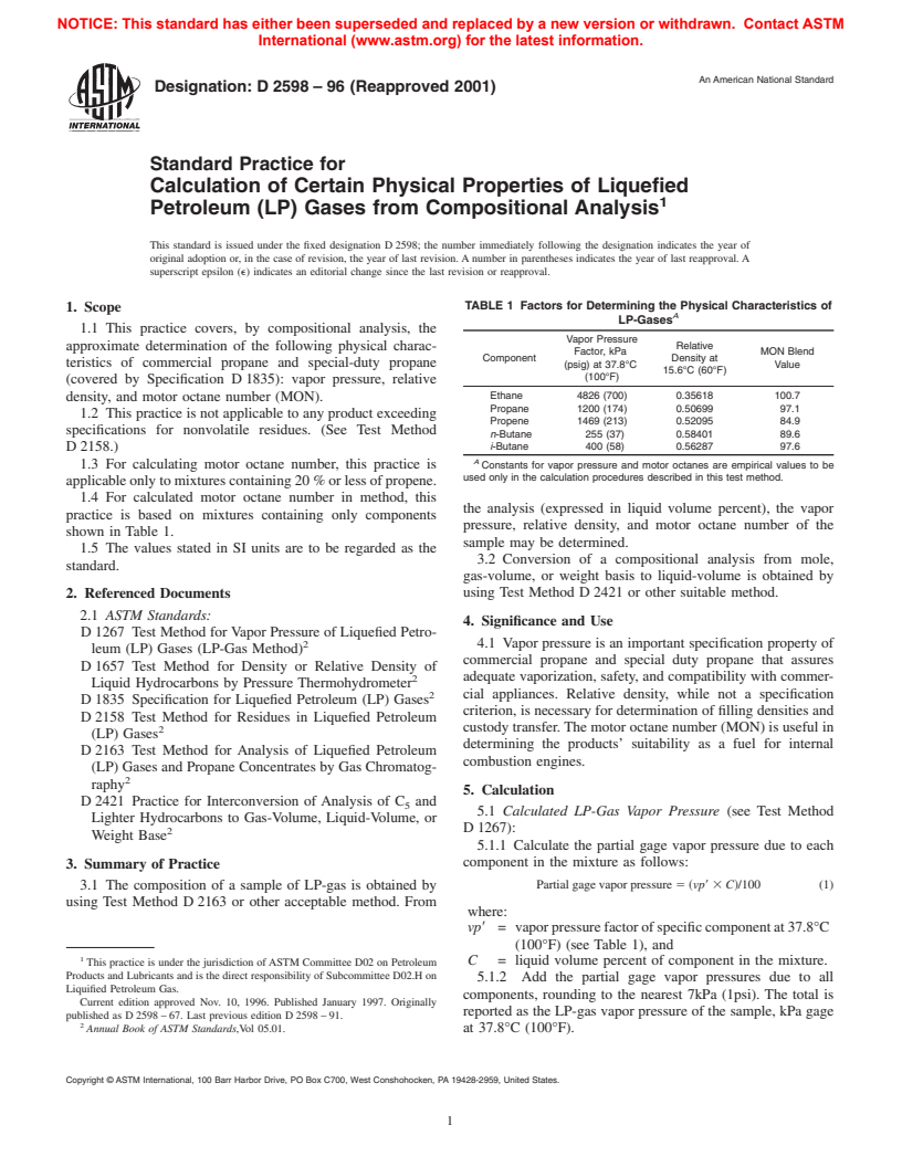 ASTM D2598-96(2001) - Standard Practice for Calculation of Certain Physical Properties of Liquefied Petroleum (LP) Gases from Compositional Analysis