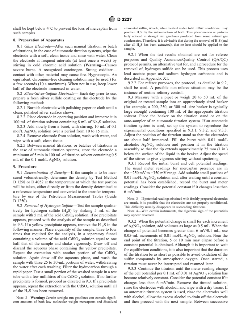 ASTM D3227-00 - Standard Test Method for (Thiol Mercaptan) Sulfur in Gasoline, Kerosine, Aviation Turbine, and Distillate Fuels (Potentiometric Method)