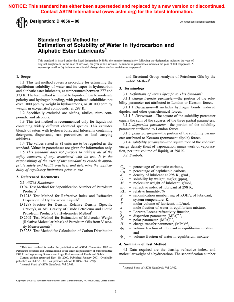 ASTM D4056-00 - Standard Test Method for Estimation of Solubility of Water in Hydrocarbon and Aliphatic Ester Lubricants