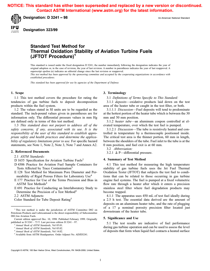 ASTM D3241-98 - Standard Test Method for Thermal Oxidation Stability of Aviation Turbine Fuels (JFTOT Procedure)