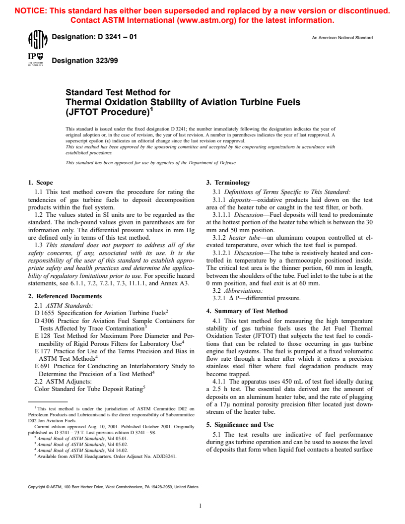 ASTM D3241-01 - Standard Test Method for Thermal Oxidation Stability of Aviation Turbine Fuels (JFTOT Procedure)