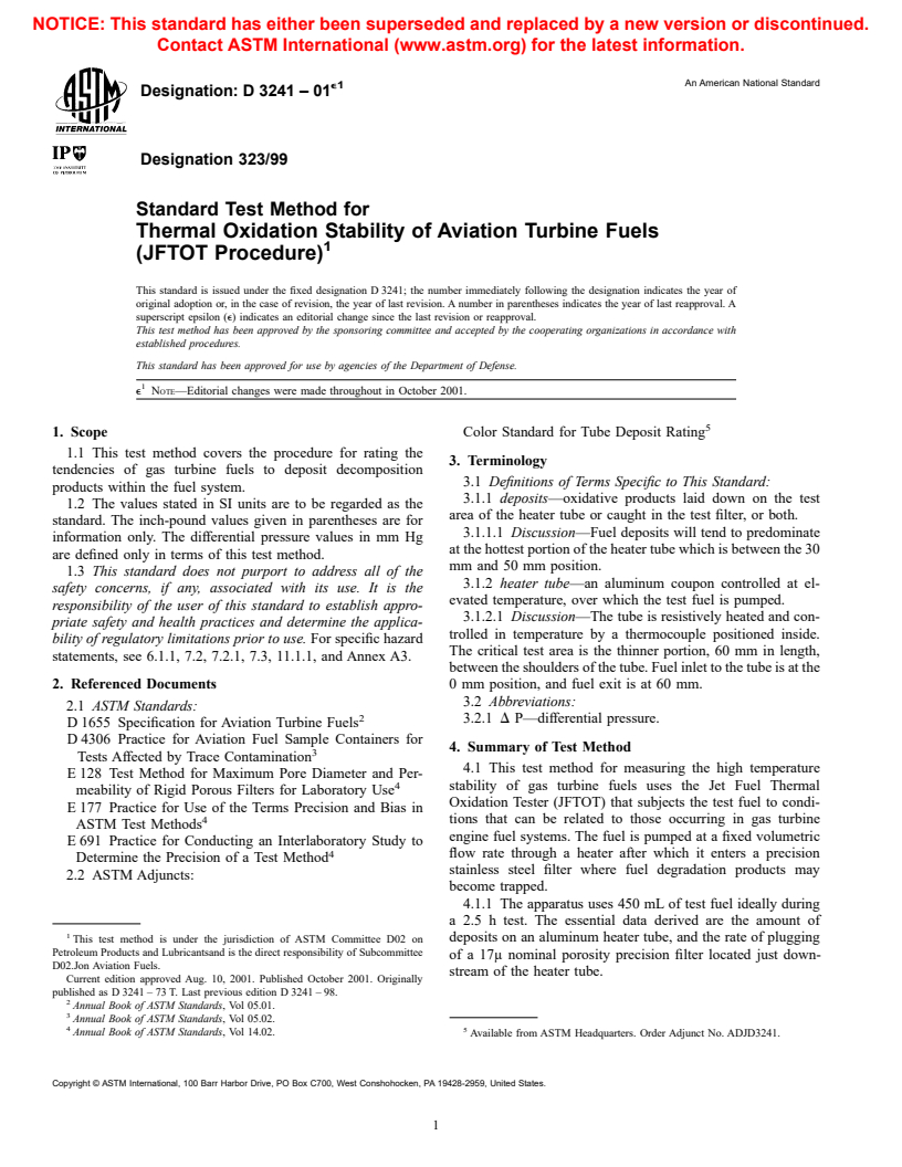 ASTM D3241-01e1 - Standard Test Method for Thermal Oxidation Stability of Aviation Turbine Fuels (JFTOT Procedure)