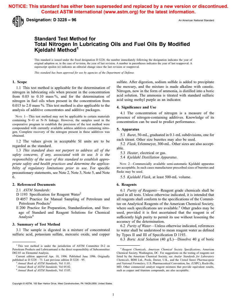 ASTM D3228-96 - Standard Test Method for Total Nitrogen In Lubricating Oils and Fuel Oils By Modified Kjeldahl Method